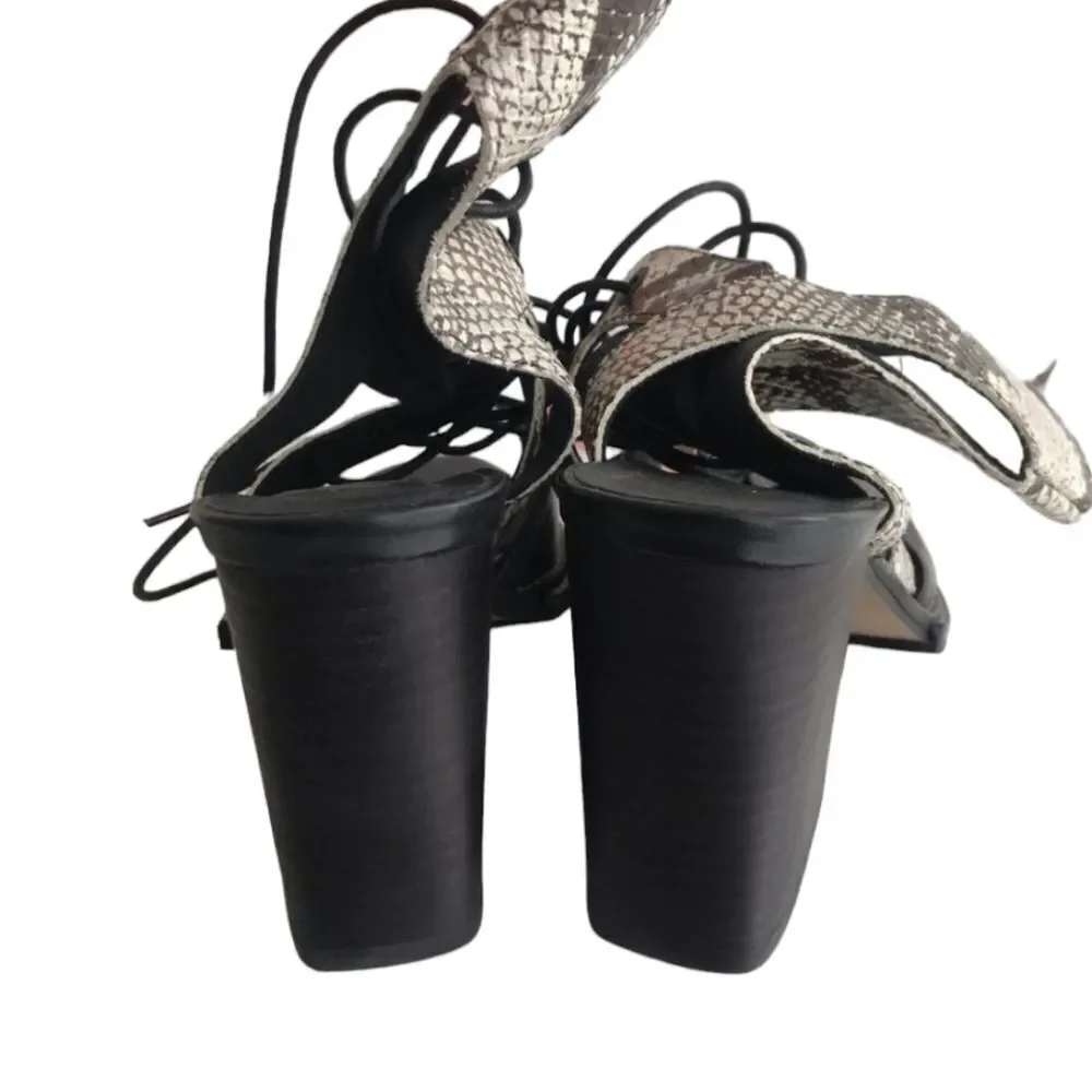 Free People Snake Print Lennon Leather Sandal Block Heel Lace Up Cutout 39